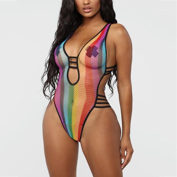 

women's swimwear mesh colorful high waist swimsuit hollow see though deep v neck backless tight beach seaside women one piece bathing s, White;black