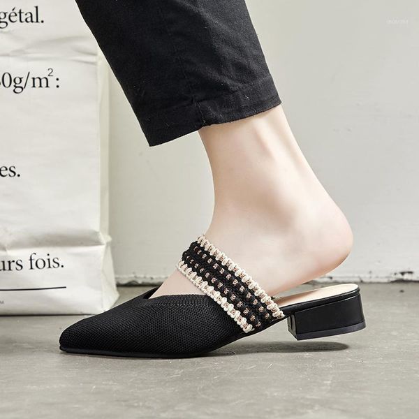 

slippers women spring summer weave elastic band shoes woman mules pointed half square heel outside slides1, Black