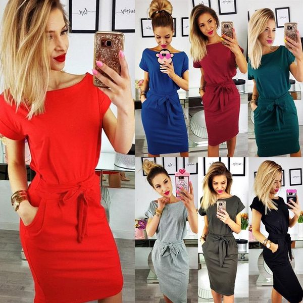 

fashion sashes solid spring women dress o neck short sleeve summer dress plus size loose casual beach vestidos party robe female, Black;gray