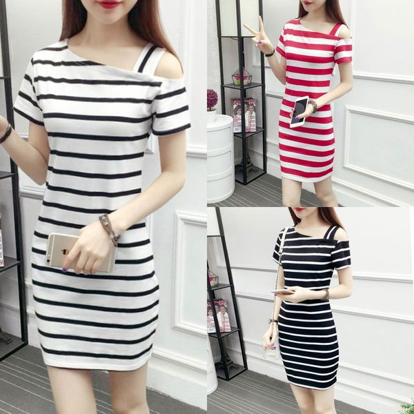 

summer new one-line collar diagonal shoulder stripe medium length dress with long skirt long skirtshoulder short sleeves slim fit and buttoc, Black;gray
