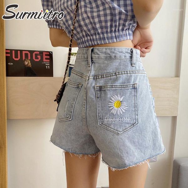 

surmiitro s-5xl plus size denim shorts women 2021 summer korean daisy embroidery short jeans female blue high waist shorts femme1, White;black