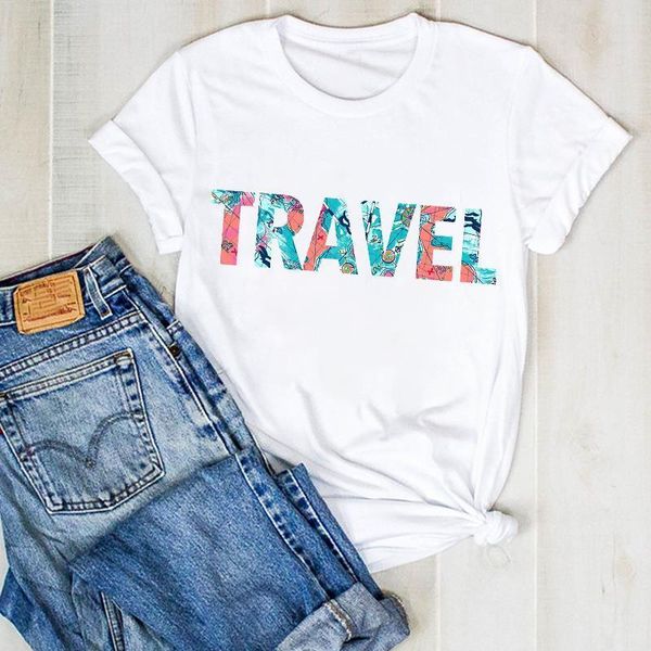 

women lady flower travel letter print ladies fashion summer t tee tshirt womens female shirt clothes graphic t-shirt, White