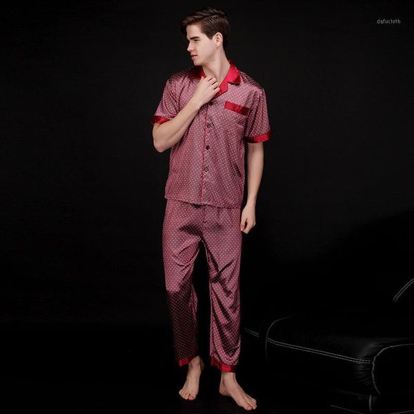 

men's pajama sets short sleeves cardigan long trousers sleepwear suits spring summer polka dots vintage silk like home clothes1, Black;brown