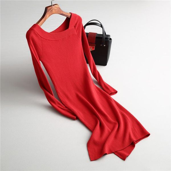 

casual dresses autumn o-neck sweater split bodycon knitting dress pullovers women long1, Black;gray