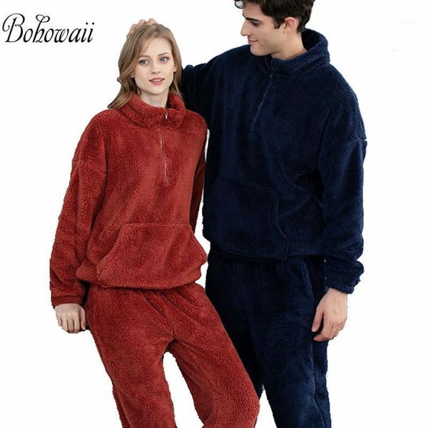 

bohowaii flannel pajama set zipper loose pajamas casual pyjama homme hiver chaud indoor clothing thick warm pants sleep 1, Black;brown
