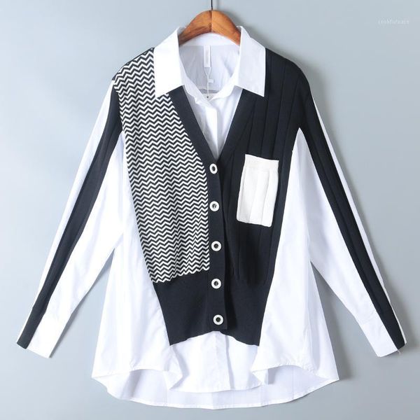 

women's loose collar stitching fake two-piece sweater women 11201, White