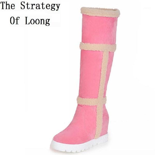 

women winter height increase elevator chunky heel round toe fashion warm knee high boots plus size 34-43 sxq10121, Black