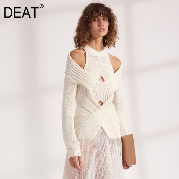 

deat 2020 new spring solid color round collar hollow out pullover sweater women vintage slim temperament split knit pd7141, White;black