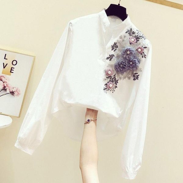 

2020 spring new korean fashion embroidery embroidered decoration v-neck long-sleeved shirt female white shirt ut159