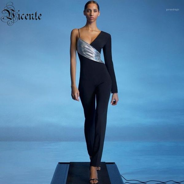 

vc all 2020 pu jumpsuit one shoulder long sleeves celebrity party bandage jumpsuit1, Black;white