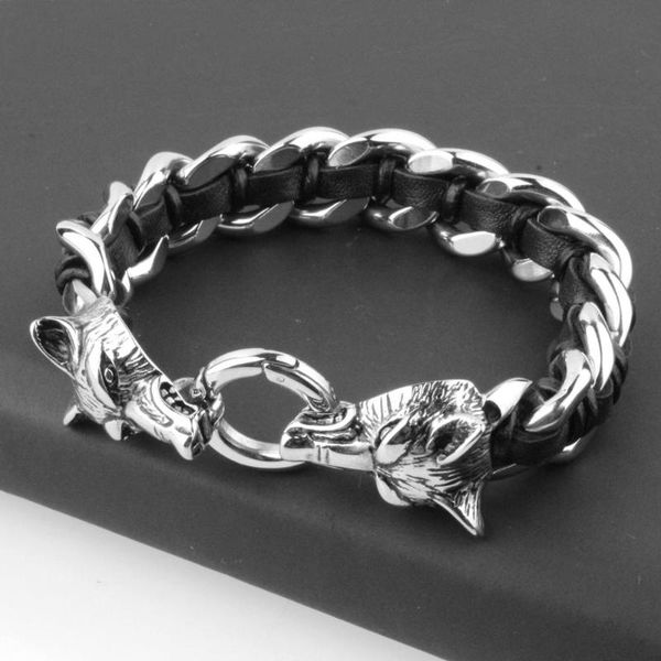 

link, chain antique wolf head charm bracelet braid stainless steel with leather rope men's bracelets bangle wristband pulseira, Black