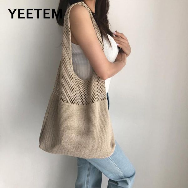 

autumn winter simple retro hollow knitted handbag shoulder bag women's vest bag ins wool shopping satchels women solid