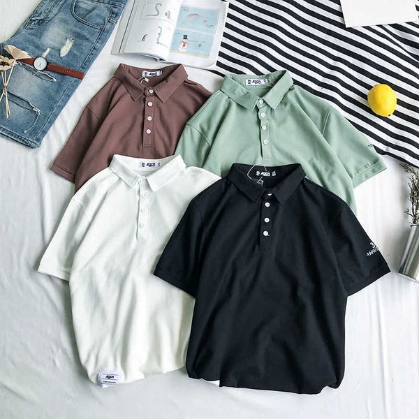 

summer new original style pure color poo shi japanese simple embroidery lapel short sleeve tide men's sh, White;black