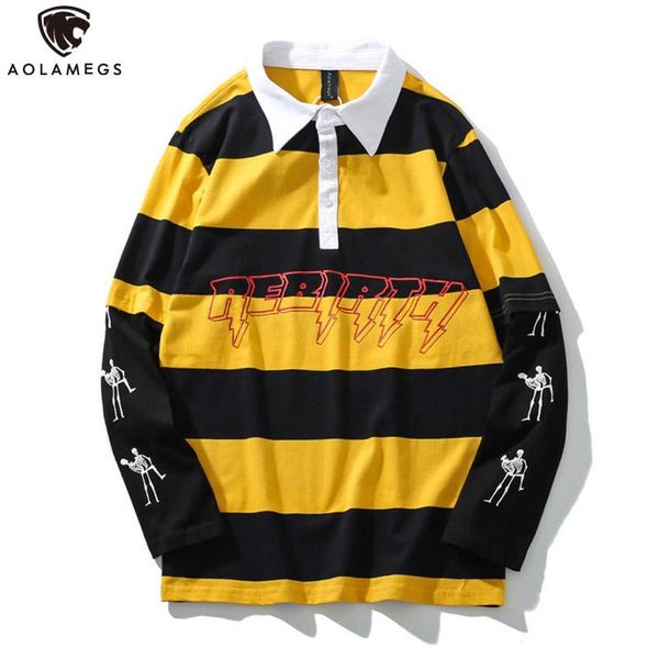 

aolamegs sweatshirt men fake 2 pieces men turn-down collar striped print pullover college style harajuku high street sweatshirt, Black