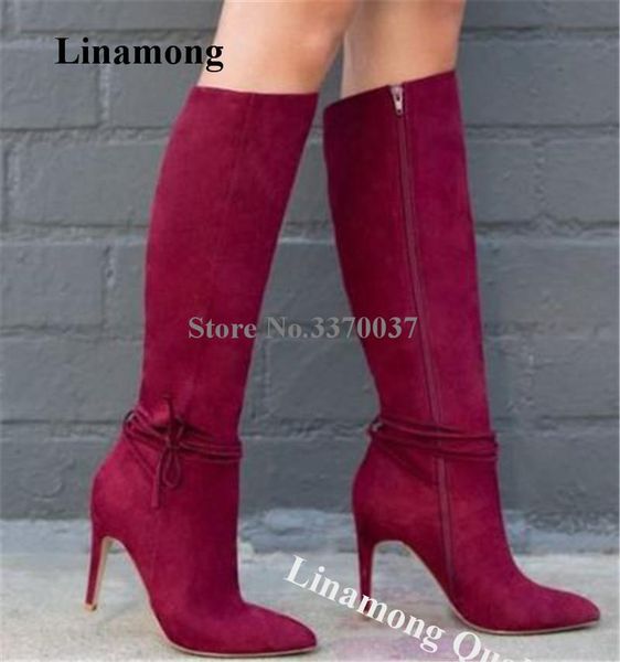 

linamong women elegant pointed toe suede leather stiletto heel knee high boots ankle straps long high heel boots dress shoes, Black