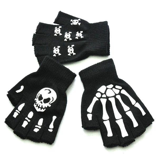 

halloween luminous horror skull claw bone skeleton half novelty mitten warm winter fingerless hand gloves, Blue;gray