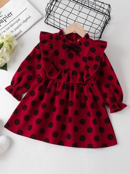 

toddler girls polka dot ruffle trim flounce sleeve dress she, Red;yellow