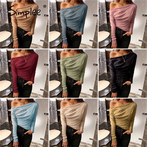 

womens t-shirts simplee casual collar women knitted t-shirts strapless long sleeve female short solid color slim flexible ladies, White