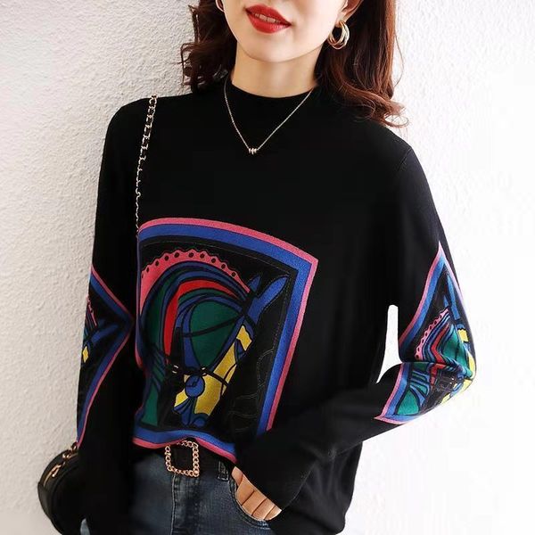 

half turtleneck printed bottom shirt women long sleeve 2020 winter new korean version loose large size pullover sweater -3xl, White;black