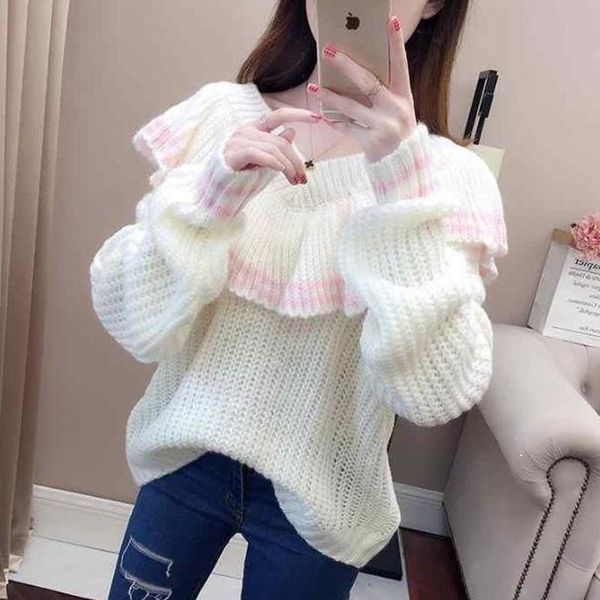 

2021 fall shirt woman loose deep v-neck a shoulder color sweater mesh winter clothes y514 yo5y, White;black