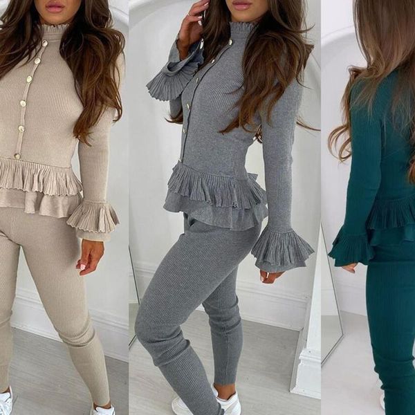 

2 piece set women lounge wear casual ruffles long sleeve turtleneck pencil pants sets autumn slim solid fashion outfits, Gray