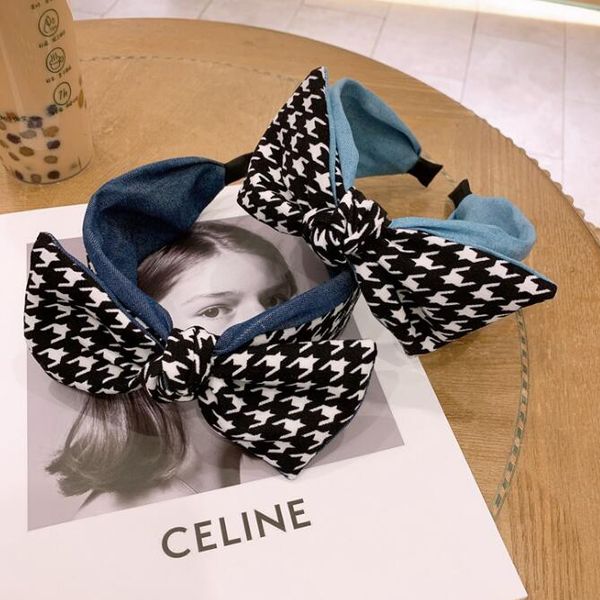 

dongmen south korea classics wide edge cowboy head band women fashion thousand bird grid bowknot hair hoop retro hair accessories, Silver