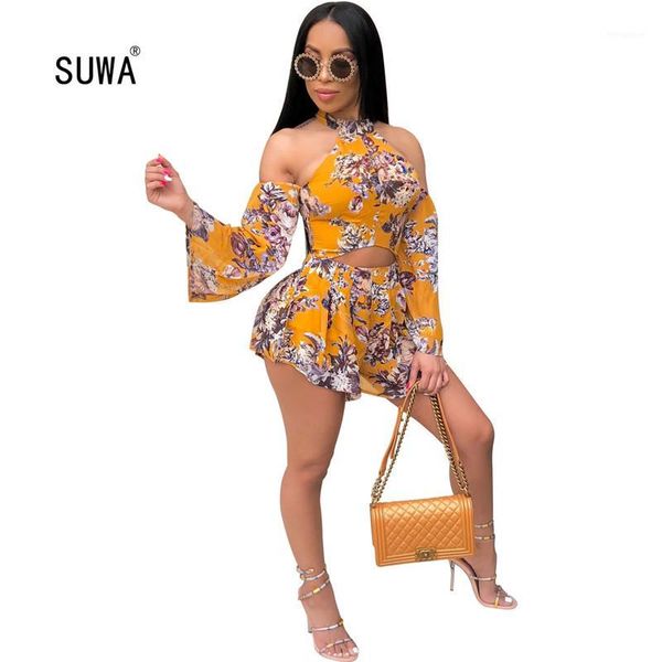 

design floral print hollow out short jumpsuit 2020 spring high street women o neck long sleeve playsuit femme catsuit1, Black;white