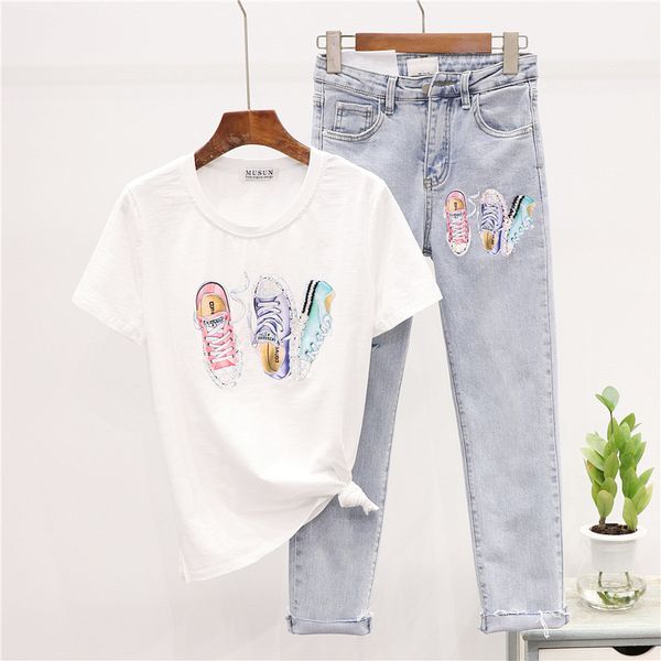 

women's summer solid color o-neck t-shirt + high waist jeans two piece suit, Gray