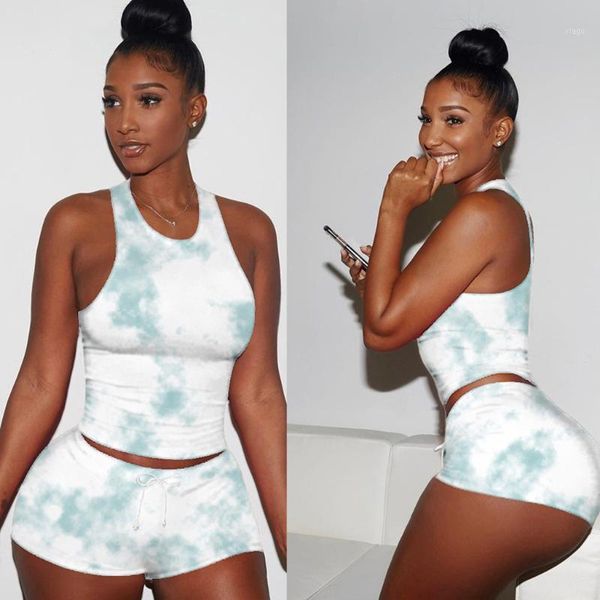 

casual women two piece set sportwear crop + short pants tracksuit women summer clothes for tie-dye print plus size 2x1, White