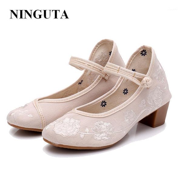 

ninguta embroider heels shoes woman canvas mary janes women pumps1, Black