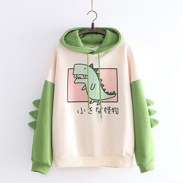 

dinosaur sweatshirts women hoodies warm pullovers with horns harajuku hooded girls teens cute kawaii hooded sweatshirts new 201109, Black