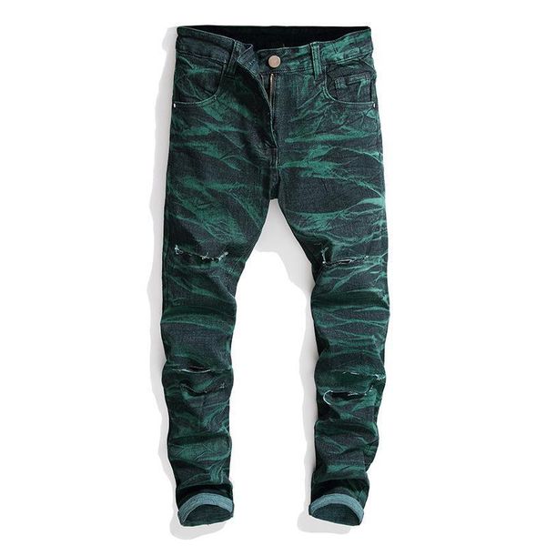 

men's biker jeans slim fit straight denim pants distressed trousers, Black