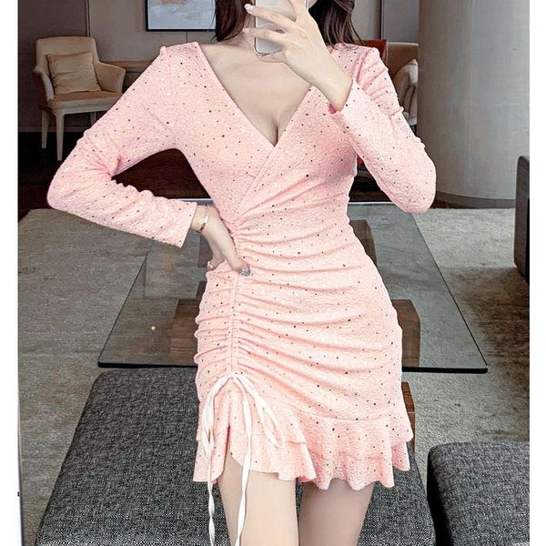 

fashion sequins v-neck pleated bandage short dress for women spring fall long sleeve ruffle pink white female, Black;gray