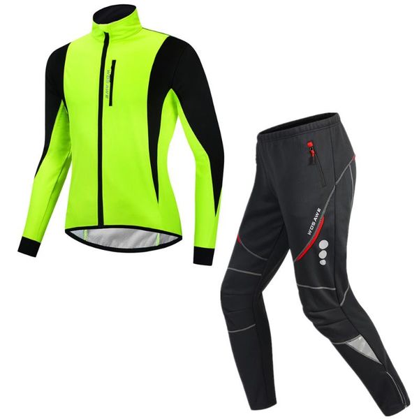 

wosawe men winter thermal fleece cycling jacket cyling pants set windproof water repellent bike jacket mtb pants bicycle suit, Black;blue