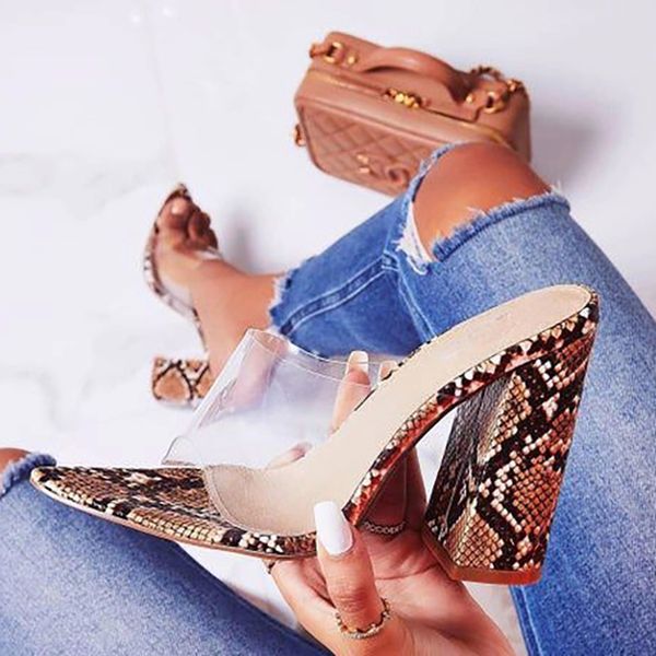 

women shoes slipper woman sandals high heels pumps snake block heel transparent pvc slides fashion sandal ladies plus size shoes #zu6d, Black