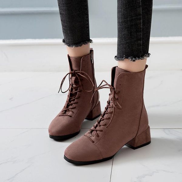 

autumn fashion flock boots women thick heels high ankle boot female square toe shoes ladies lace up side zip shoes plus size, Black