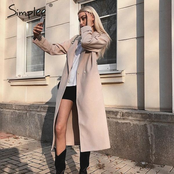 

simplee wool blend tweed women long sleeve elegant sash belt female outwear autumn winter streetwear coat, Tan;black