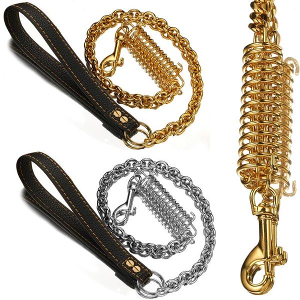 

dog collars & leashes leash absorbing indestructible safety flexi no-pull gold color metal with bungee buffer spring genuine leather