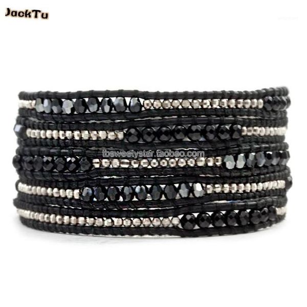 

vintage style black crystal beads leather cord bracelet on black leather1, Golden;silver