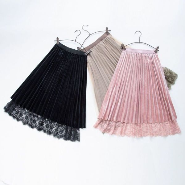 

drs girls' children's autumn and winter wear foreign sle pleated gold veet lace long skirt, Blue