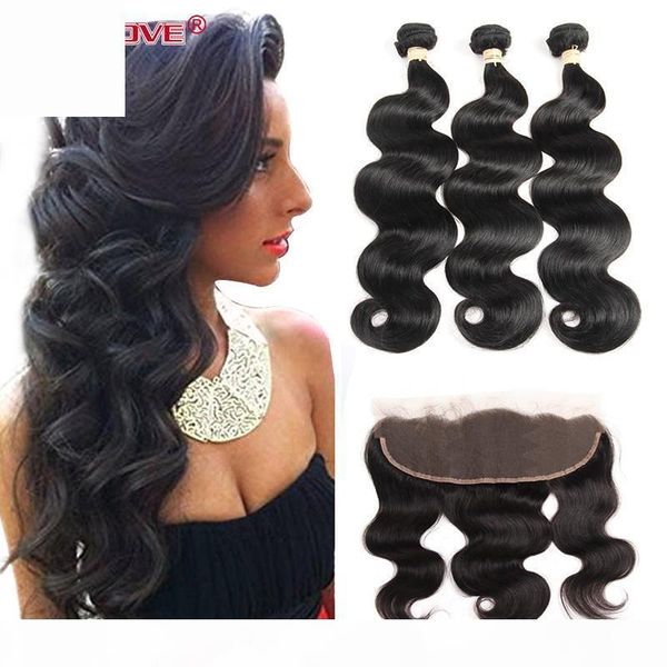 

3 bundle hair with lace frontal with baby hair brazilian virgin human body wave hair frontal closure ear to ear 13*4 part, Black;brown