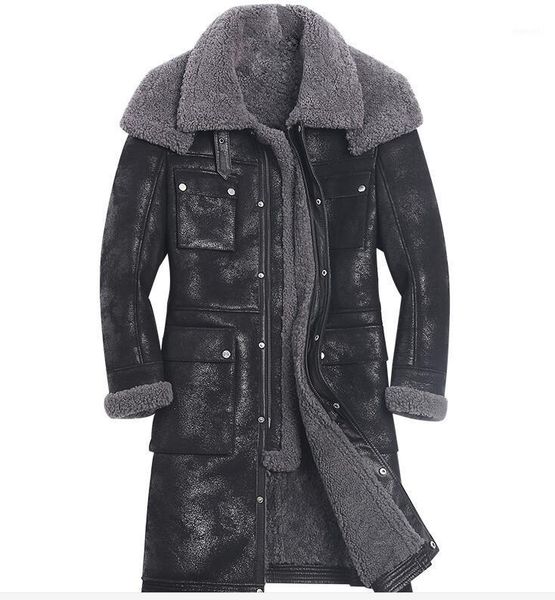 

original ecological fur one male genuine leather jacket men's winter double fur collar lamb long coat burst sheepskin jacket men1, Black