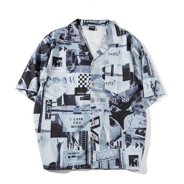 

character print short men's fashion brand lapel half shirt original suzerain trend loose quarter sleeve, White;black