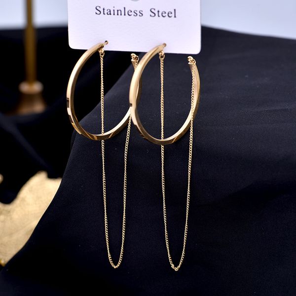 

New ins fashion designer titanium stainless steel geometric circle tassel dangle stud earrings for women girls students, Golden;silver