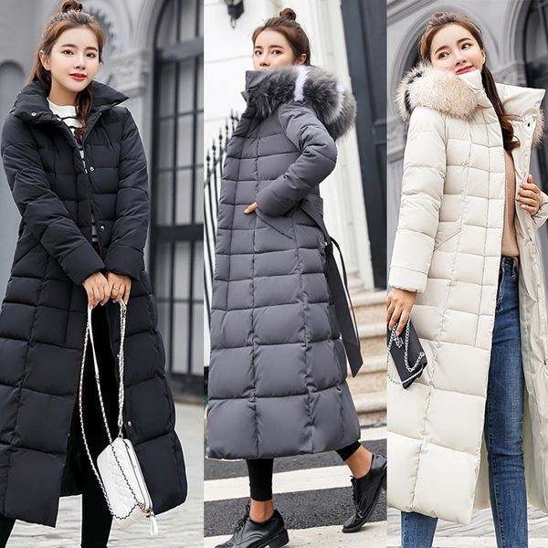 

fashion winter coat women jackets thick down parkas big fur belt hooded cotton long coats warm windbreaker female slim outwear, Black