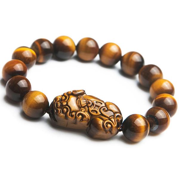 

12mm genuine natural yellow tiger's eye round gems women man fashion pixiu stone round bead bracelet, Black