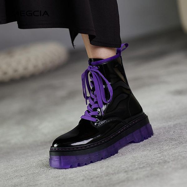 

new fashion martin boots flat lace up purple boots women patent leather thick bottom ankle shoes autumn winter black a25