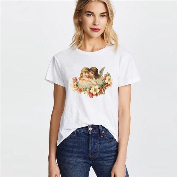 

2021 angel aesthetic kawaii print t shirt women harajuku korean style tshirt cute cartoon tees 90s graphic fashion t shirt, White