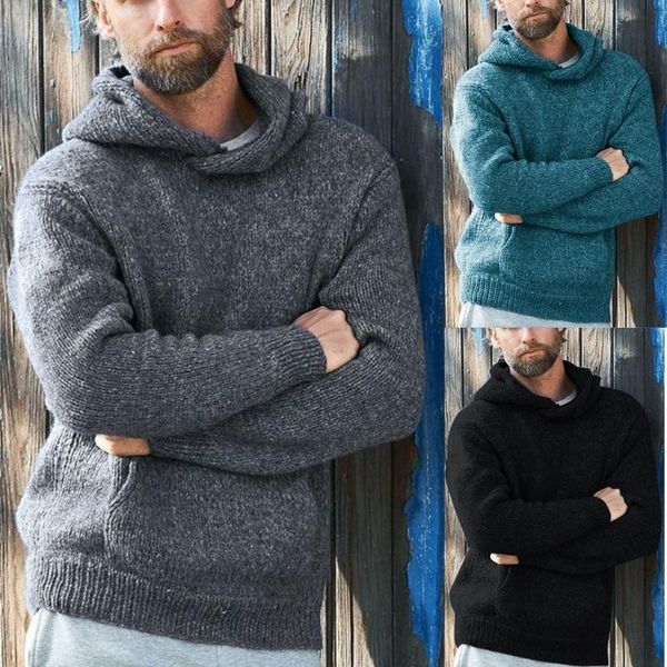 

mandylandy solid color men sweaters casual winter new hooded sweater plus size loose pullover pocket long sleeve sweater, White;black