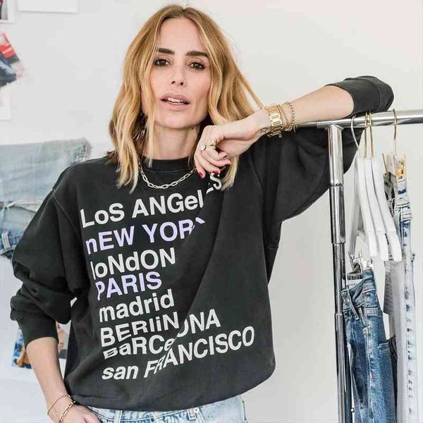 

vintage women hoodies causal letter print graphic long sleeve france oversize loose female pullovers streetwear, Black